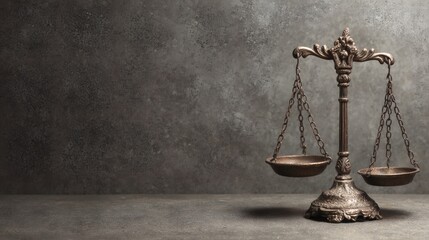 Vintage Brass Scales of Justice on Rustic Gray Background