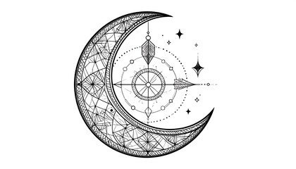 Ornate crescent moon design with celestial compass & stars