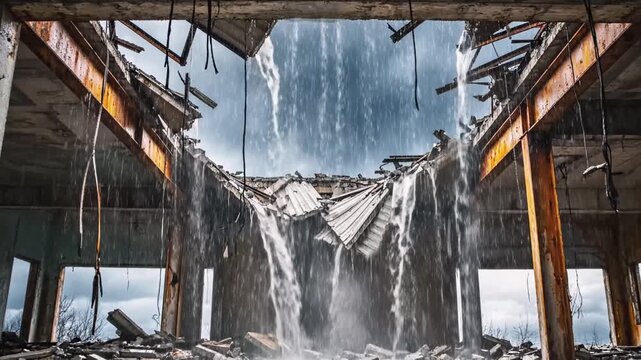 Ruined structure with a gaping hole in the roof, pouring rain through the opening