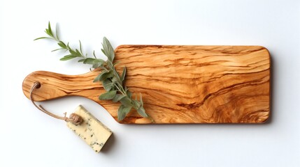 Wooden Cutting Board with Fresh Herb and Cheese on White Background