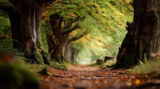 An autumnal forest path lined with ancient moss covered trees fallen leaves blanketing the ground creating a serene woodland scene