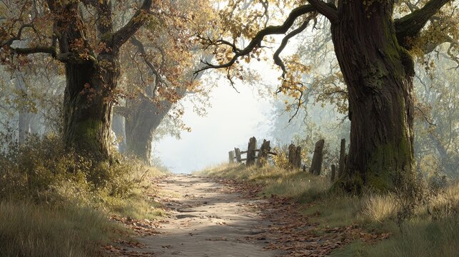 A dusty path winds through an autumnal forest lined with ancient oak trees under a soft hazy sky