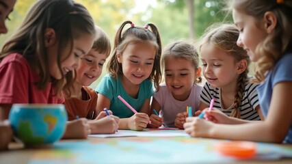 A diverse group of children exploring various cultures through engaging activities, emphasizing global perspectives and community, with sufficient space for text overlay. - Powered by Adobe