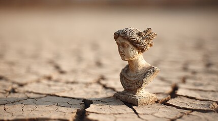 Antique bust of a woman's head with detailed hair and draped clothing stands on cracked dry earth symbolizing drought or ancient history