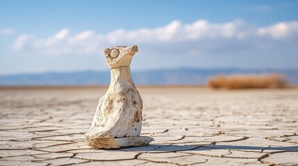 Carved stone sculpture resembling a bird stands on cracked dry earth under a bright blue sky with distant mountains