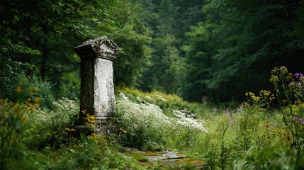 An ancient stone monument overgrown with wild flowers and lush green foliage in a dense forest setting