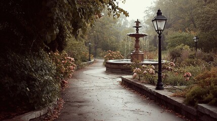 A wet park path leads to a decorative fountain surrounded by flowering bushes and trees with a lamppost in the foreground