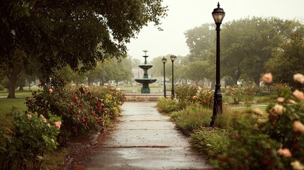 A scenic park pathway lined with blooming rose bushes leading towards a tiered fountain and ornate lampposts on a misty day