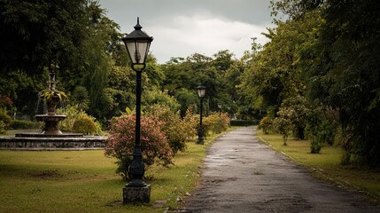 A paved pathway winds through a lush park with vintage lampposts and a tiered fountain surrounded by abundant greenery and flowering bushes under a cloudy sky