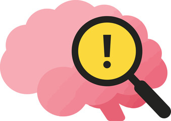 Magnifying glass reveals warning sign on pink brain icon vector