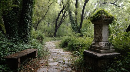 Overgrown park path with stone bench and ancient monument amidst lush greenery and trees