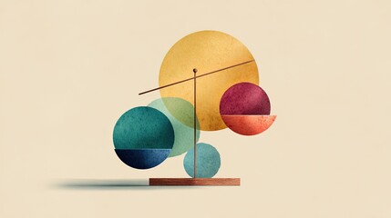 Abstract watercolor circles balanced on a geometric scale structure with a wooden base