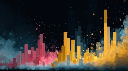 Abstract visualization of colorful bar graphs and glowing particles against a dark cloudy background suggesting data analysis and progress