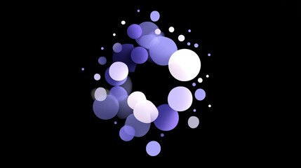 Abstract arrangement of overlapping translucent circles and spheres in shades of purple and white against a black background creating a modern digital feel