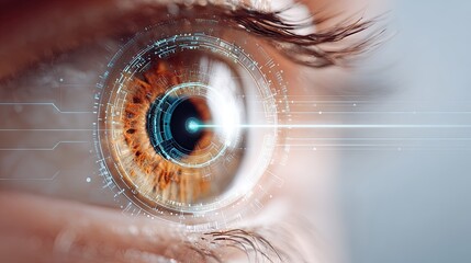 Close up view of a human eye with futuristic digital interface overlay showcasing advanced technology and data