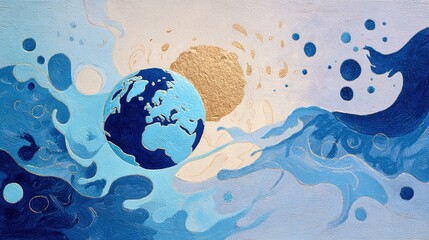 Abstract painting of a stylized blue Earth surrounded by flowing blue waves and a golden sun against a textured white background