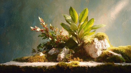 Lush green moss and vibrant plant leaves grow on textured rocks against a painterly textured background with soft light