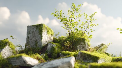 Moss covered rocks with new green growth and a young tree against a cloudy sky