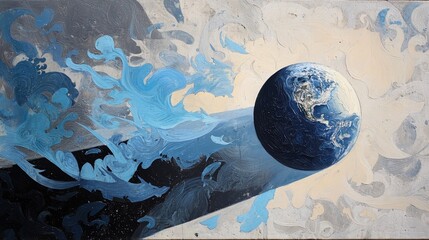 Abstract painting of the Earth planet with swirling blue and white colors in a textured background