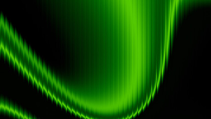 Abstract dark background with bright neon green curved waves, glowing fluid motion and vertical stripes design.