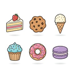Assorted sweets illustration including cake, cookie, ice cream, cupcake, donut