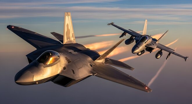 Stealth Fighter Jet and F/A-18 Style Jet Flying in Close Formation at Sunset, Demonstrating Air Force Teamwork