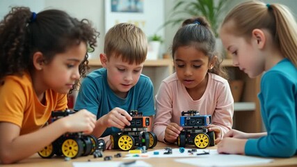 A captivating image of kids building robots during a STEM activity, showcasing creativity and exploration, designed with ample copy space for educational themes.