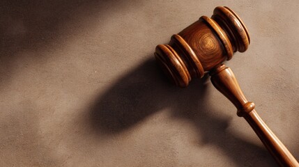 Wooden Gavel on Gray Background Casting Shadow in Courtroom Setting