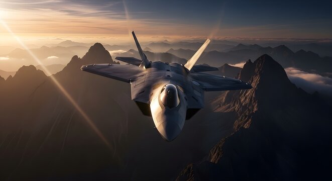 F-22 Raptor Fighter Jet Soaring Above Majestic Mountains at Sunset with Sun Rays, Majestic and Powerful