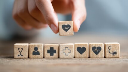 Hand Placing Wooden Block with Heartbeat Icon Above Row of Medical and Healthcare Symbols