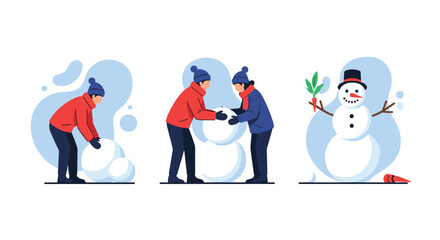 Step-by-step illustration of people building a cheerful snowman in winter, from rolling snowballs to adding festive decorations.