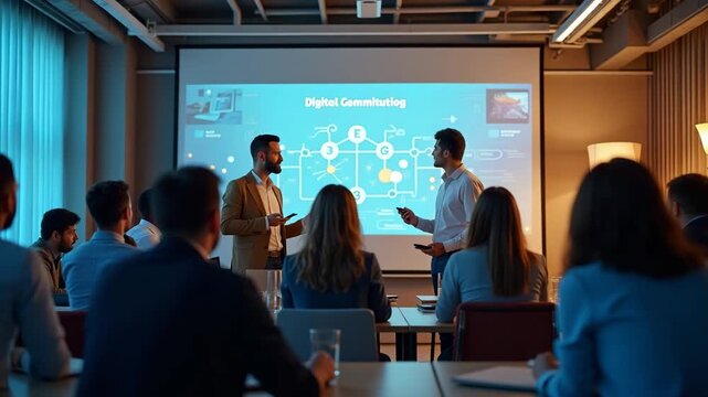 An engaging scene depicting digital disruption workshops, with diverse participants collaborating on innovative ideas; negative space allows for narratives on digital transformation.