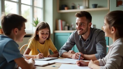 A family engaging in gentle discipline, showcasing a calm atmosphere in which learning and understanding take place, with prominent space for notes or reflections.
