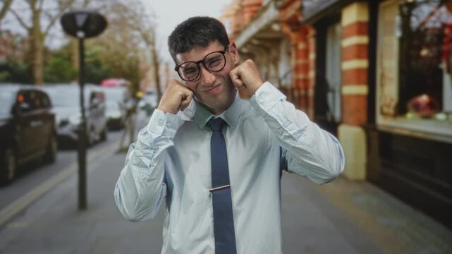 Hispanic man wearing round glasses and a blue shirt pressing cheeks with fists on city street in front of a brick building; toothache.
