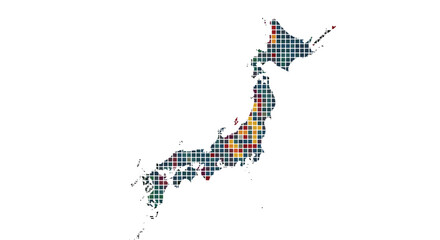 Fototapeta premium A colorful pixelated mosaic map of Japan, representing various data points or regional information against a clean white background.