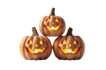 Spooky Trio: A cheerful arrangement of three grinning jack-o'-lanterns, radiating a warm, inviting glow, perfect for setting a festive autumn mood.
