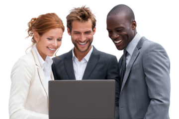 United Professional Team Collaboration: Three professionals are joyfully focused on a laptop, working as a collaborative team. Evoking a sense of unity, cooperation.