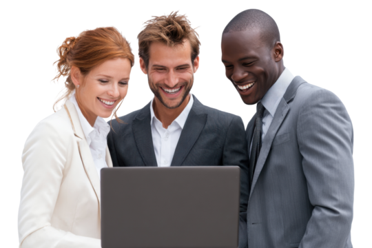 United Professional Team Collaboration: Three professionals are joyfully focused on a laptop, working as a collaborative team. Evoking a sense of unity, cooperation.