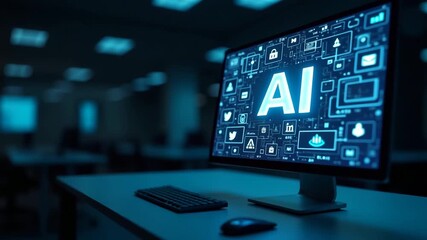 A stark, professional view of AI social media tools showcased on a large screen, designed with copy space for branding, emphasizing digital marketing strategies in the background. - Powered by Adobe