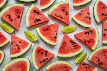 Fresh watermelon slices and lime wedges scattered