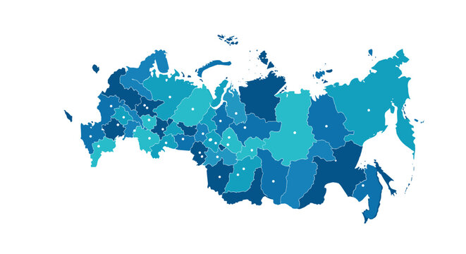 Detailed political map of Russia with administrative divisions, highlighting various regions in shades of blue and marked with white dots.