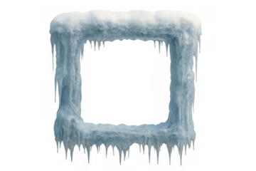 Ice frame creating a winter border, frozen square with snow and icicles, transparent background