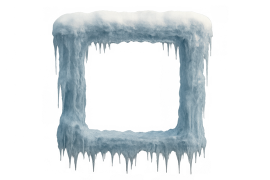Ice frame creating a winter border, frozen square with snow and icicles, transparent background