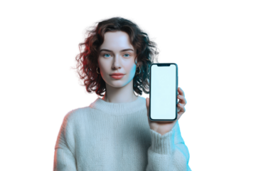 Tech Showcase: A woman displays a modern smartphone with a blank screen, highlighting its sleek design and user-friendly interface.