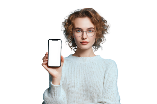Technology demonstration with female portrait: A young woman presents her smartphone, the screen radiating digital potential. An elegant woman shows off her tech.