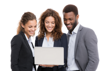 Collaboration and Innovation: A focused group of colleagues shares ideas, working together to achieve a shared objective using a laptop, showing business harmony and mutual support.