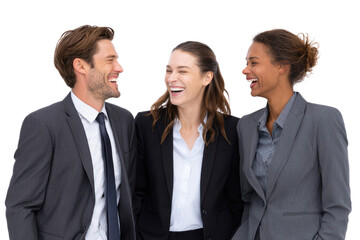 Business Colleagues Laughter: Three business professionals share a moment of genuine joy, their laughter echoing a collaborative atmosphere and strong work relationships.