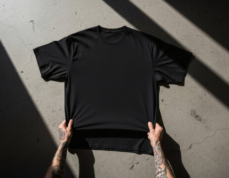 Plain Black Oversize T-shirt Mockup Held Flat on Concrete