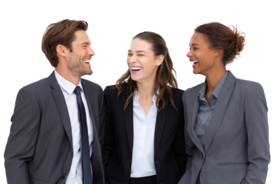 Business Colleagues Laughter: Three business professionals share a moment of genuine joy, their laughter echoing a collaborative atmosphere and strong work relationships.