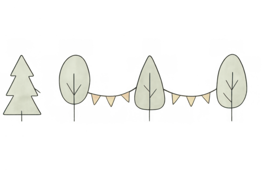 Stylized trees with banner drawing, minimalist woodland illustration, cute forest garland, transparent background element